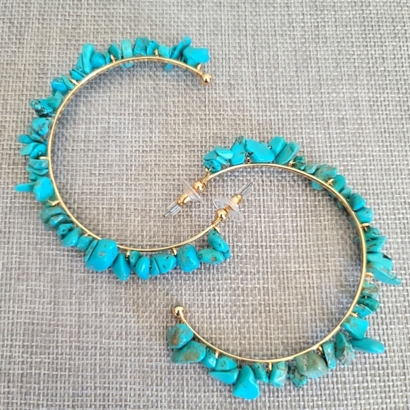 Turquoise Earrings Hoop Southwest Persimmon Large Semi Precious Stone Blue - Picture 1 of 5